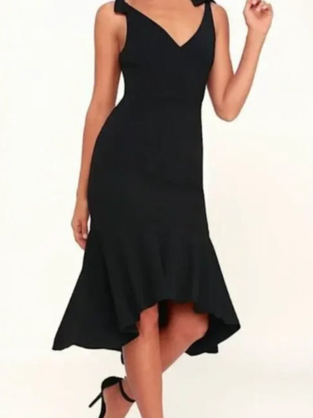 Lulus Black Cocktail Midi Dress V-Neck Ruffle Hem Size S